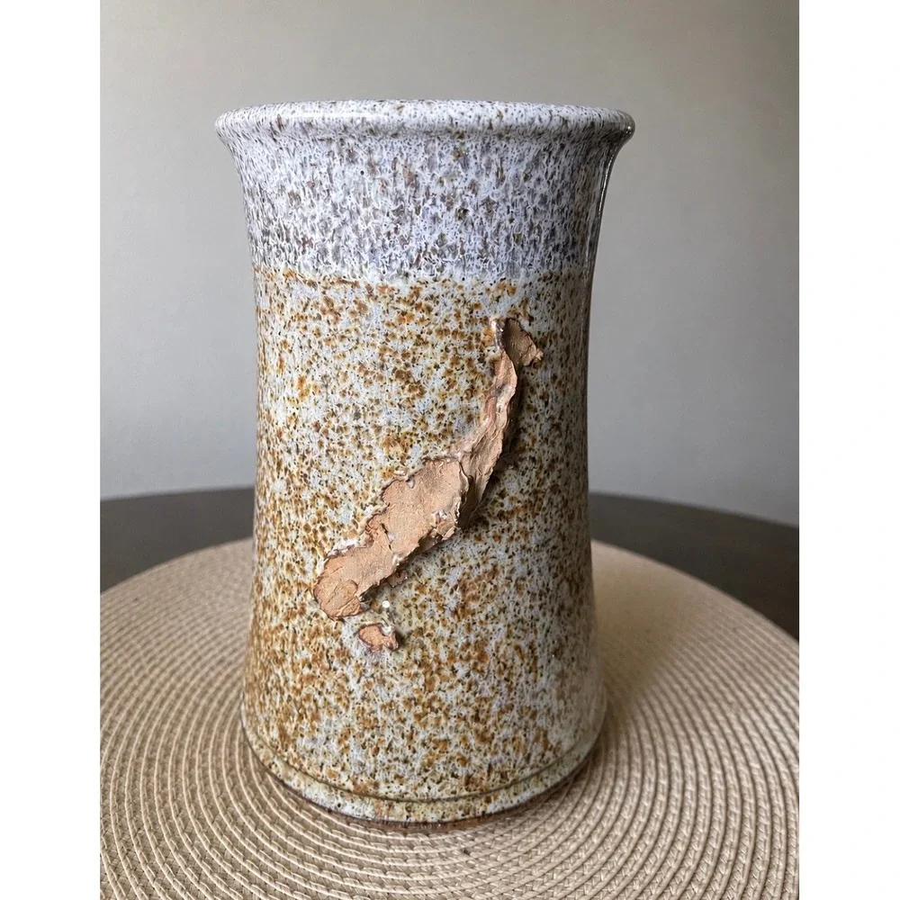 Studio Artisan Signed Pottery Speckled Glaze Vase Wabi Sabi Stoneware 1970s-80s